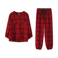 梭织磨毛色织格圆领女套装