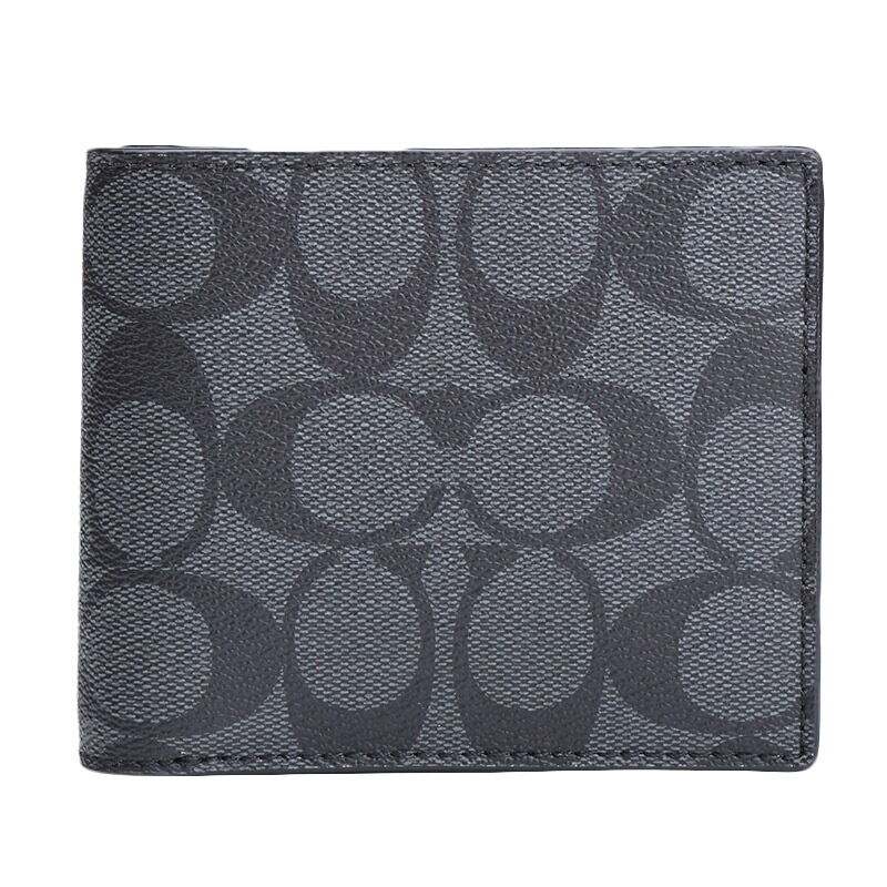 COACH 蔻驰 品 男士专柜款卡其LOGO款PVC配皮短款对折钱包 F74993 CQ/BK