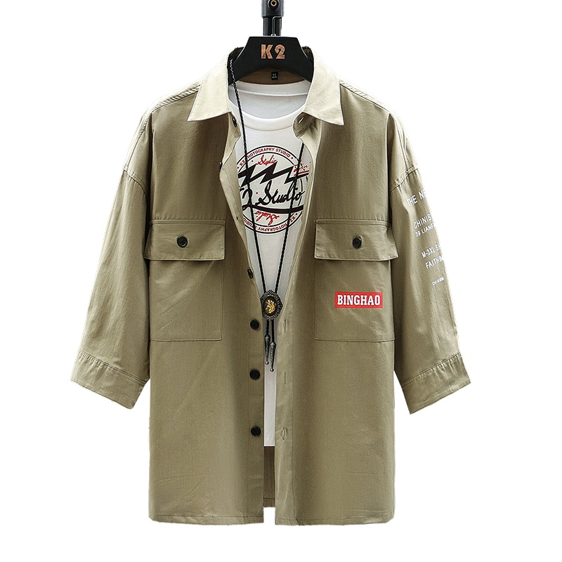 卡帝乐鳄鱼(CARTELO)夏季新款男士翻领七分袖休闲纯色工装风衬衫