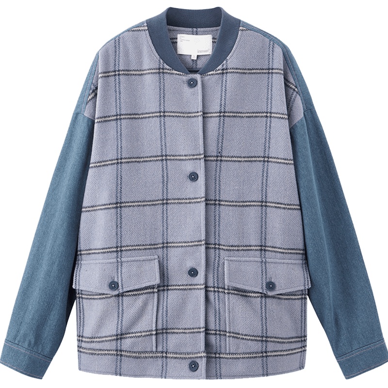 茵曼2019秋装新款复古棒球外套女拼接落肩袖格纹宽松时尚短款上衣