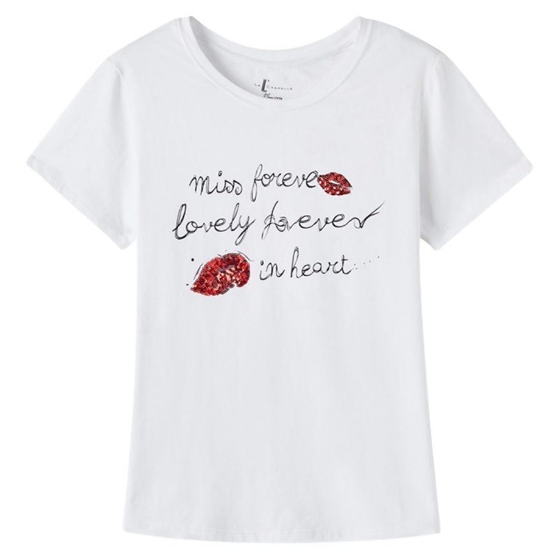 拉夏贝尔韩版宽松学生休闲T恤短袖女新款潮夏装亮片印花上衣