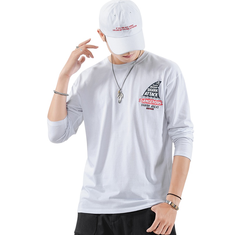 三弦(LA CORDE)男士长袖T恤秋季纯色圆领时尚潮流上衣服韩版宽松春秋印花打底衫LA-MD9607