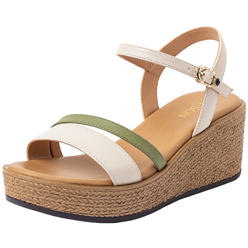 百田森夏季坡跟凉鞋女厚底高跟防水台羊皮一字扣凉鞋增高舒适