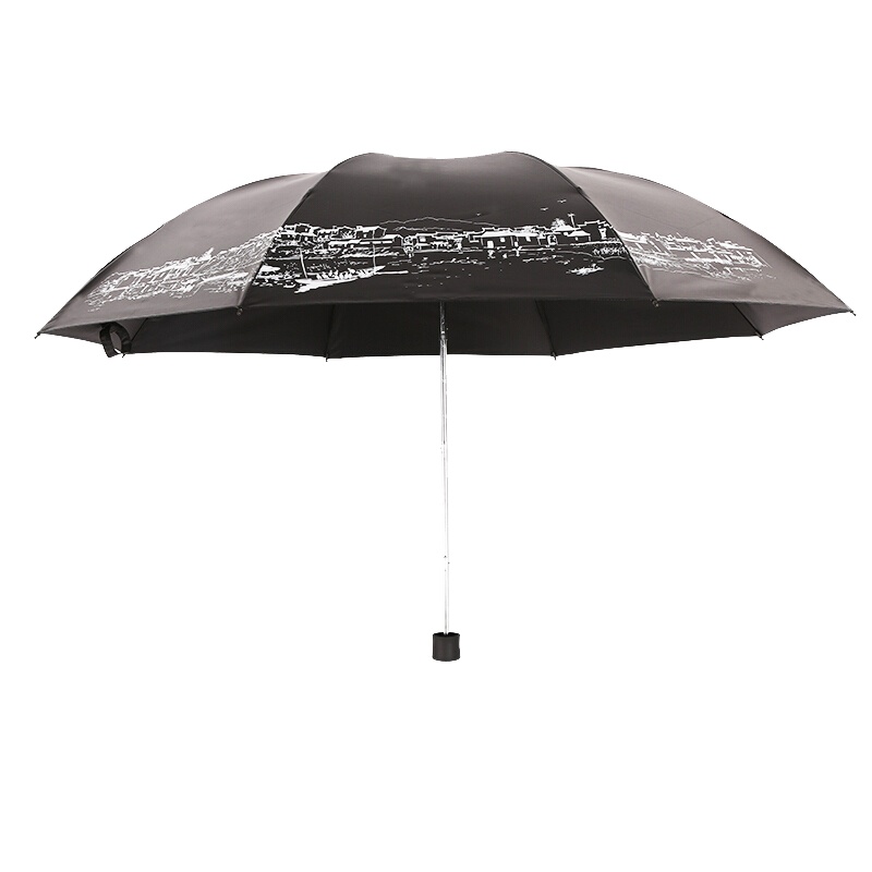 天堂伞 星光彩胶防晒三折加大晴雨伞商务伞遮阳伞 江南古镇黑色