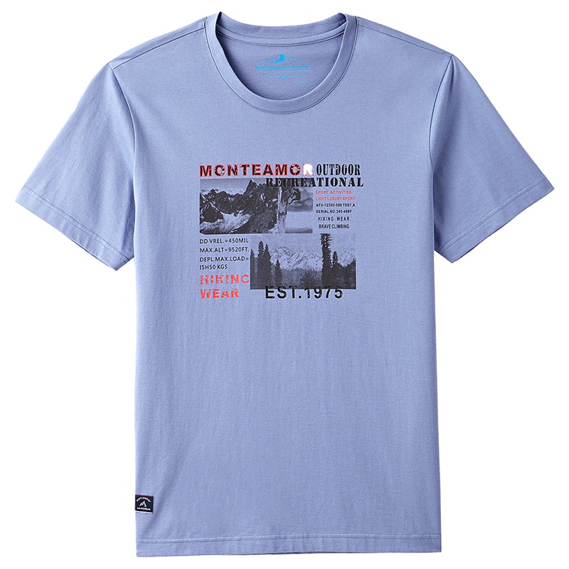 蒙蒂埃莫纯棉舒适户外运动印花圆领男士短袖T恤