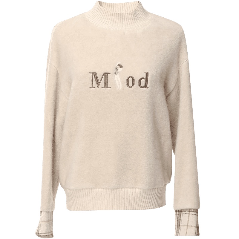 欧昵雪秋冬半高领绣花格纹长袖口毛绒宽松加厚卫衣女上衣