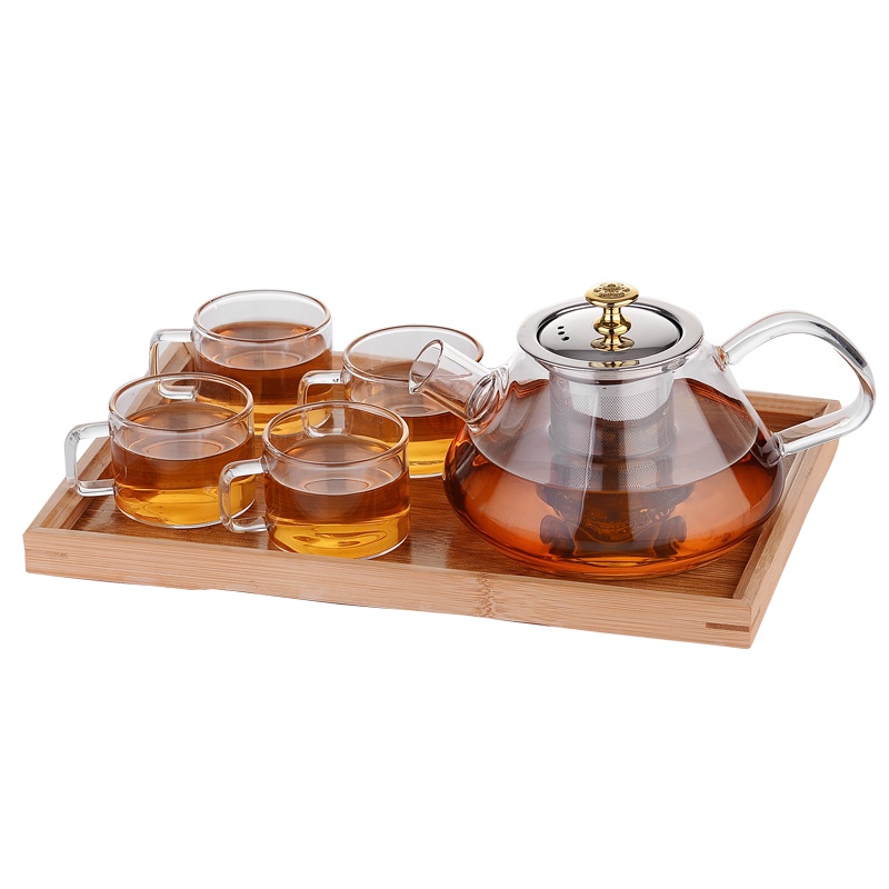 青苹果玻璃茶壶高硼硅玻璃耐热茶壶 明火直烧壶茶具 一壶四杯+木托盘