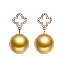 brir 佰色传情9-10mm正圆南洋金珠耳环18K金钻石轻奢时尚四叶草海水珍珠耳饰耳钉