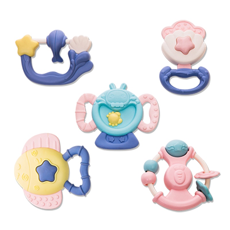 米宝兔婴幼儿磨牙玩具婴儿玩具3-6-12个月0-1岁新生儿手摇铃牙胶玩具 3只装放心煮摇铃( 可高温水煮)