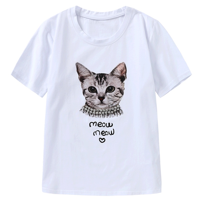 马克华菲女装2020年夏新款韩版白色t恤女简约修身猫头印花短袖衫