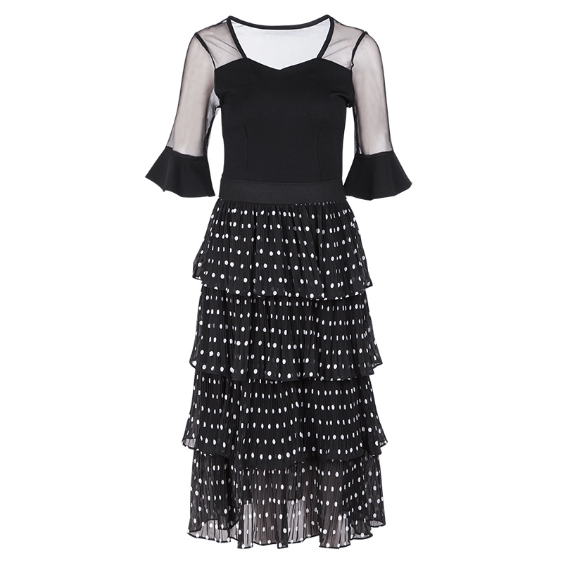 晚白2020夏季新品单件微透喇叭袖显瘦中长款印花蛋糕裙连衣裙女