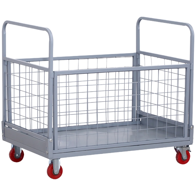 创世人 办公家具全钢平板推车仓储物流物料车万向轮可折叠围栏仓储笼式置物搁板