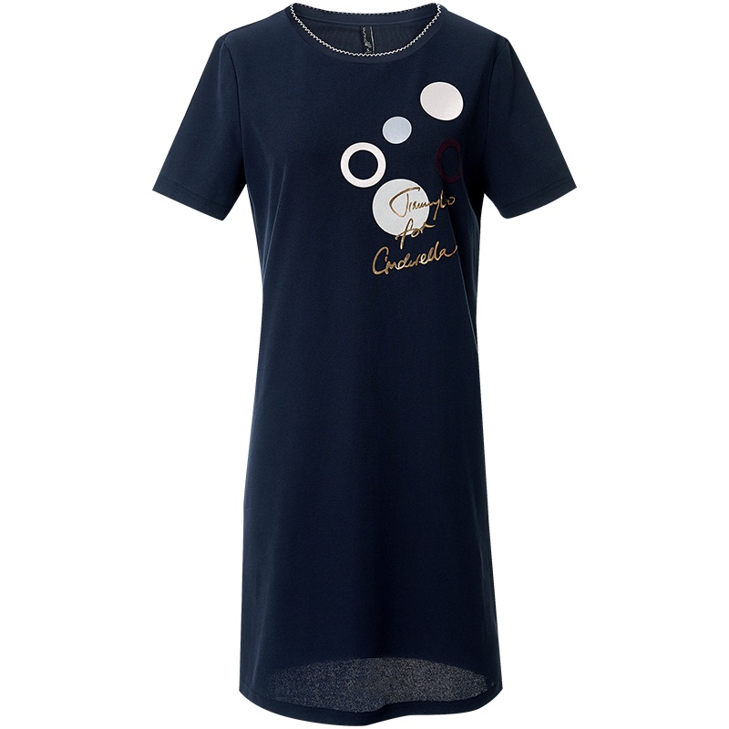 欧昵雪夏季休闲圆领字母印花宽松连衣裙女直筒短袖T恤裙