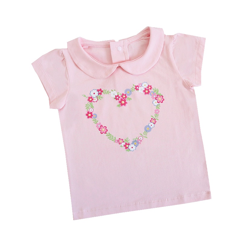 安笛贝乐童装女童粉色短袖T恤夏季装新款宝宝纯棉印花甜美娃娃领上衣80-120cm