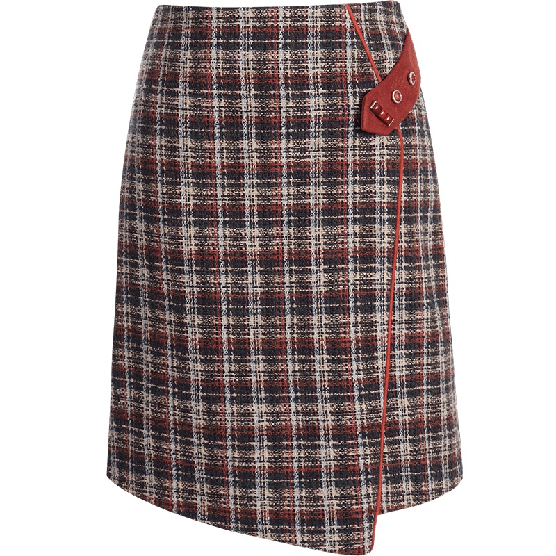 OUNIXUE欧昵雪 | [不规则格纹A字裙]秋冬季复古风拼接仿麂皮绒修身半身裙女