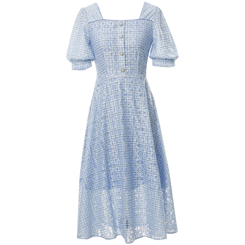 欧昵雪夏装复古方领高腰印花蕾丝连衣裙女显瘦过膝长裙