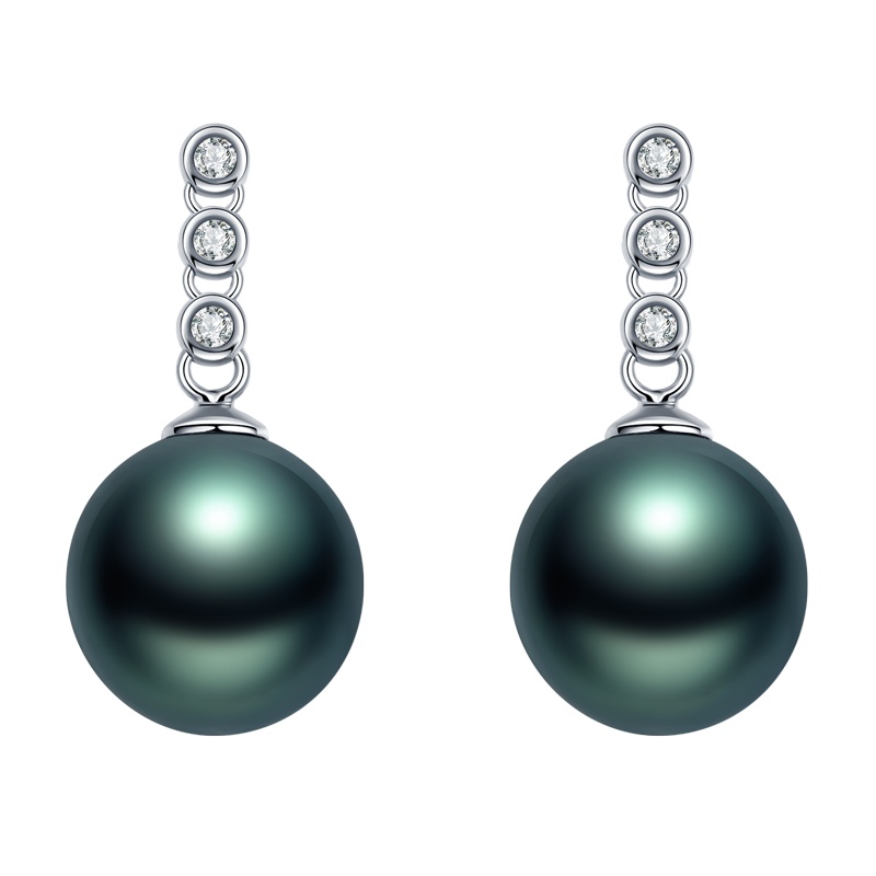 brir 佰色传情正圆8-9mm强光大溪地黑珍珠耳钉耳环18K金镶钻石正品