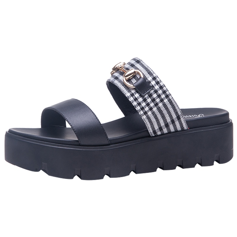 森林公主厚底拖鞋女夏季新款拼色松糕沙滩鞋chic坡跟凉鞋 格子布拼色 厚底松糕