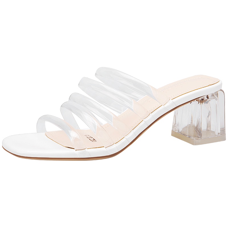 阿么透明水晶凉拖女夏季高跟露趾粗跟半拖鞋韩版chic百搭网红凉鞋