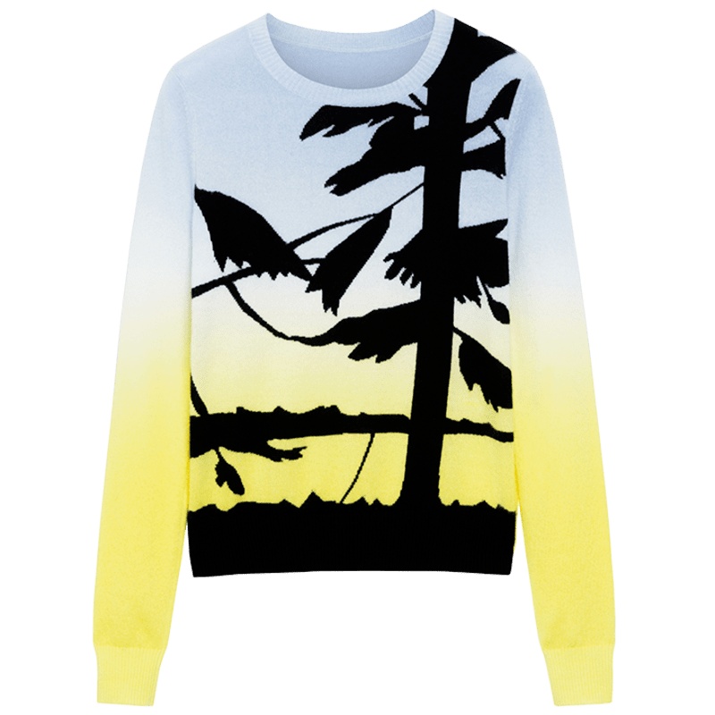 鄂尔多斯ERDOS [刘雯同款]早秋圆领时尚提花吊染羊绒衫针织衫女毛衣