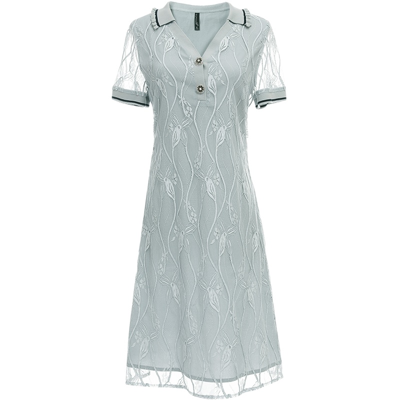 欧昵雪夏季木耳边翻领拼接显瘦蕾丝连衣裙女短袖直筒裙子