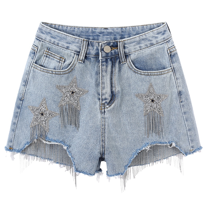 马克华菲女装2019夏装新款做旧牛仔短裤磨破流苏时尚潮流热裤