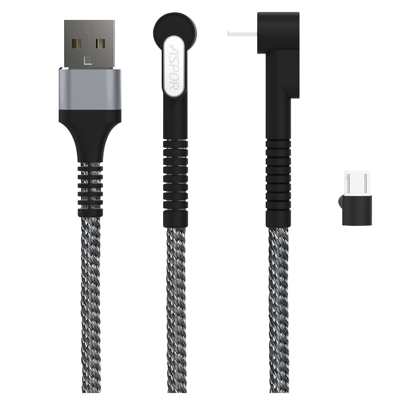 [追剧充电神器]ASPOR 安卓接口支架数据线 手机充电线1米 手机快充2.4A电源线 黑银色 尼龙耐折不易断 以换代修