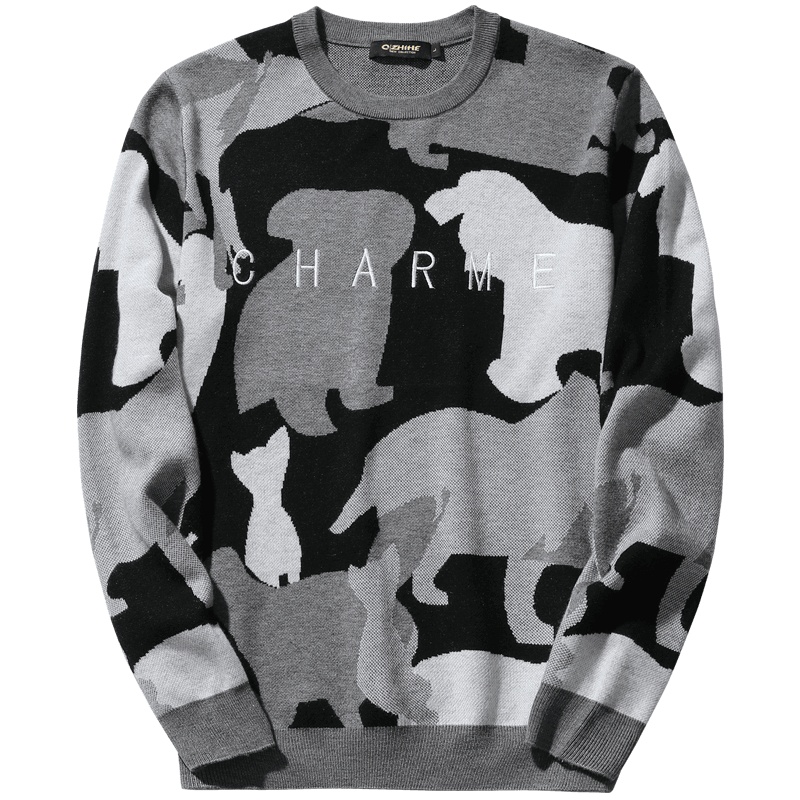 千纸鹤男装针织衫上衣2019秋冬新款时尚休闲迷彩圆领毛衣男50079