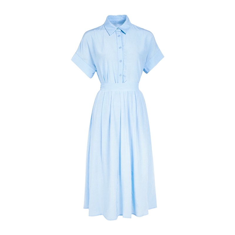 晩白 新品纯色翻领衬衫上衣松紧腰百褶中长款半身裙套装女