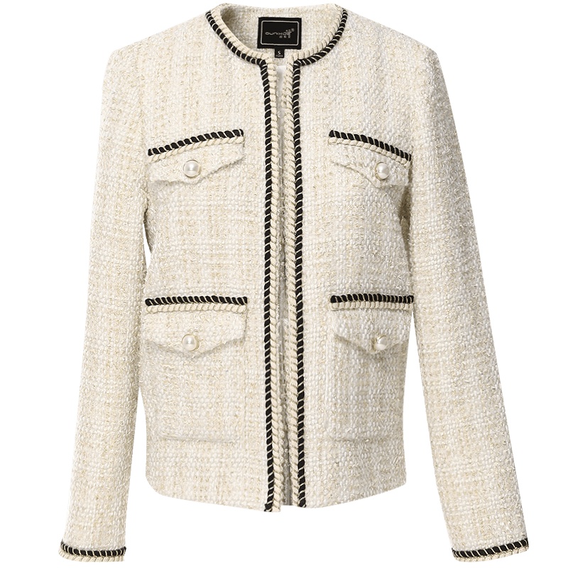 欧昵雪秋冬季名媛圆领粗纺呢子短款外套女长袖直筒夹克