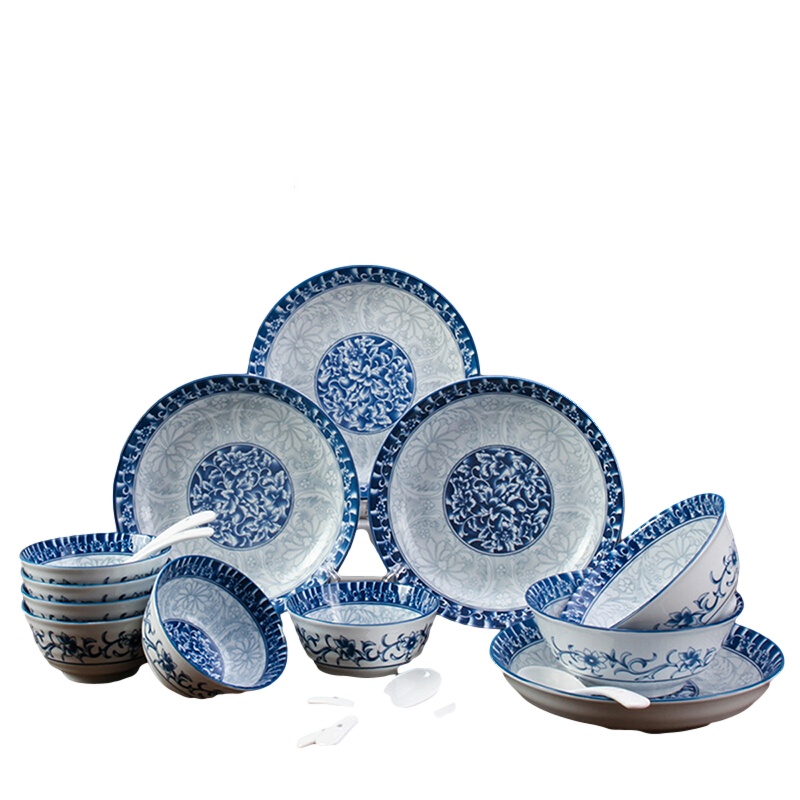 贝瑟斯 国色天香18头釉下彩陶瓷碗碟盘勺子套装餐具套装