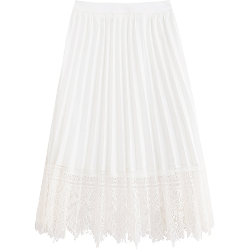 茵曼夏装高腰显瘦百褶蕾丝镂空花边A字半身裙白色中长裙