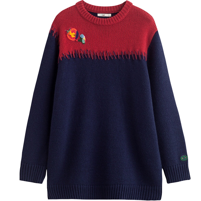 茵曼毛衣冬装新款圆领撞色贴布绣花文艺范中长款套头毛针织衫女