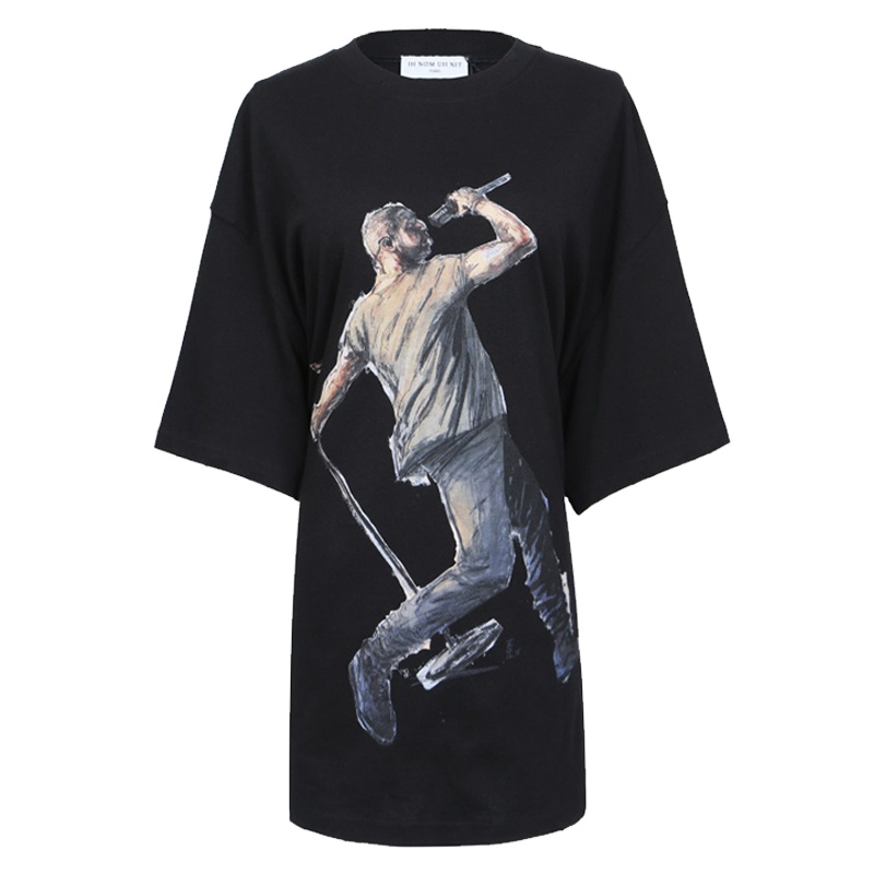 IH NOM UH NIT女士黑色水洗做旧OVER SIZE短袖T恤衫NUS19236 009