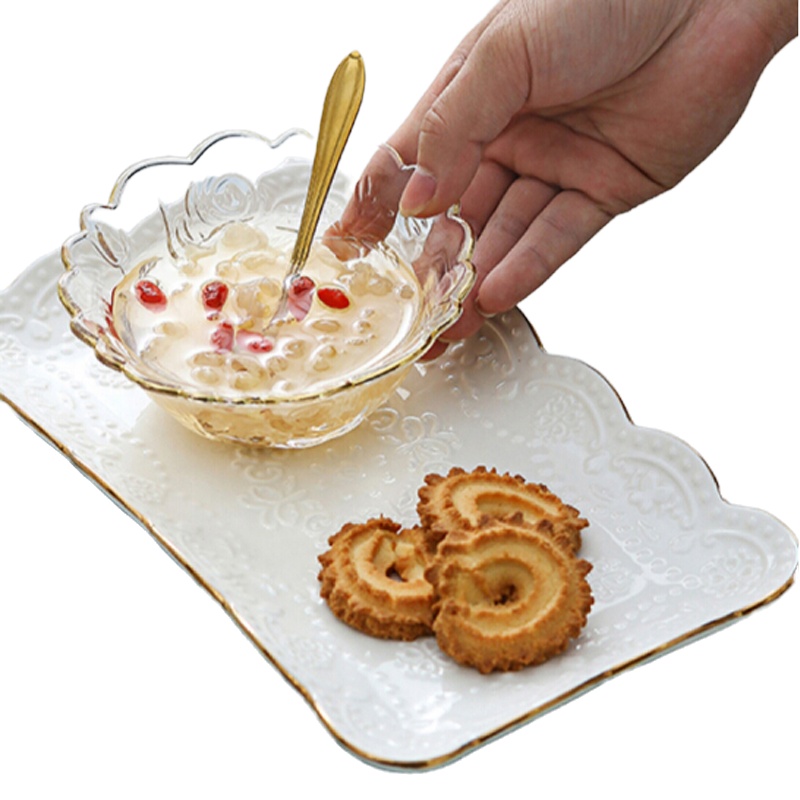 魔女妖妖燕窝碗甜品碗欧式小宫廷水晶玻璃碗套装糖水碗玻璃碗家用创意 金边玫瑰碗 + 长方盘 + 金花勺