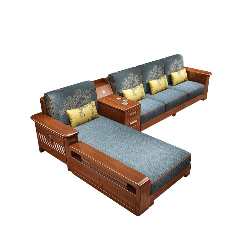 月影梳桐[胡桃木]实木沙发组合现代中式客厅卧室冬夏两用布艺贵妃沙发