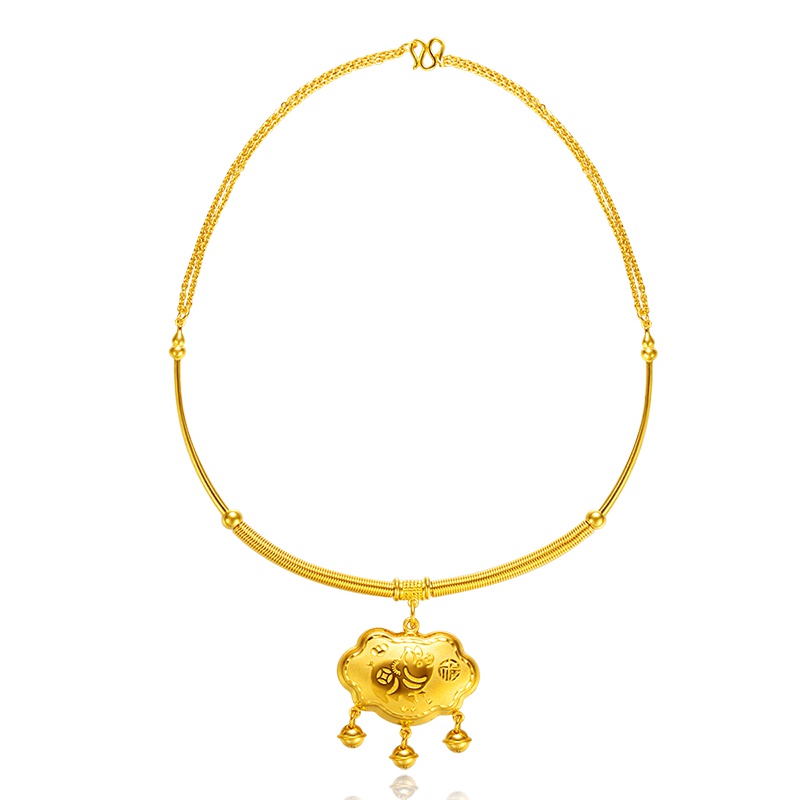 金一 足金猪年儿童长命锁精品黄金项链项圈宝宝婴儿复古铃铛满月周岁送礼(计价) ABC004