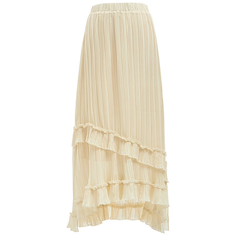 欧昵雪夏季高腰不规则荷叶边雪纺半身裙女开叉显瘦百褶裙