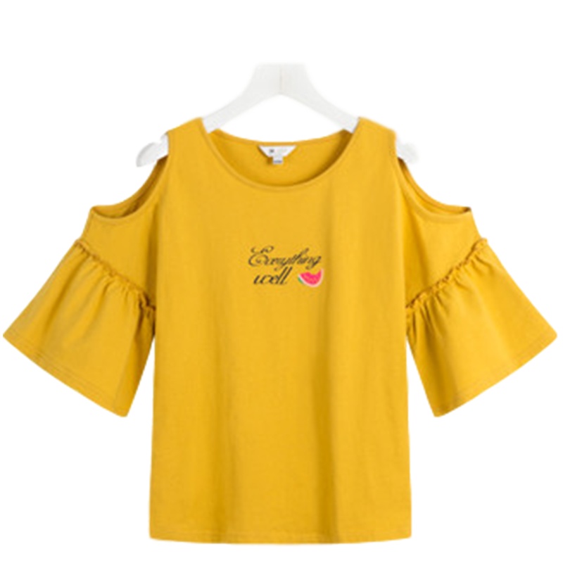 拉夏贝尔夏新款露肩宽松可爱韩版学生字母印花短袖T恤