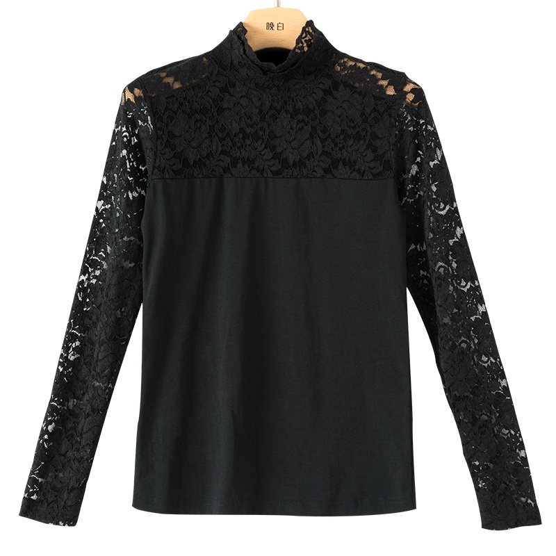 晚白2021春季新品时尚修身显瘦纯色立领长袖百搭打底衫蕾丝衫女