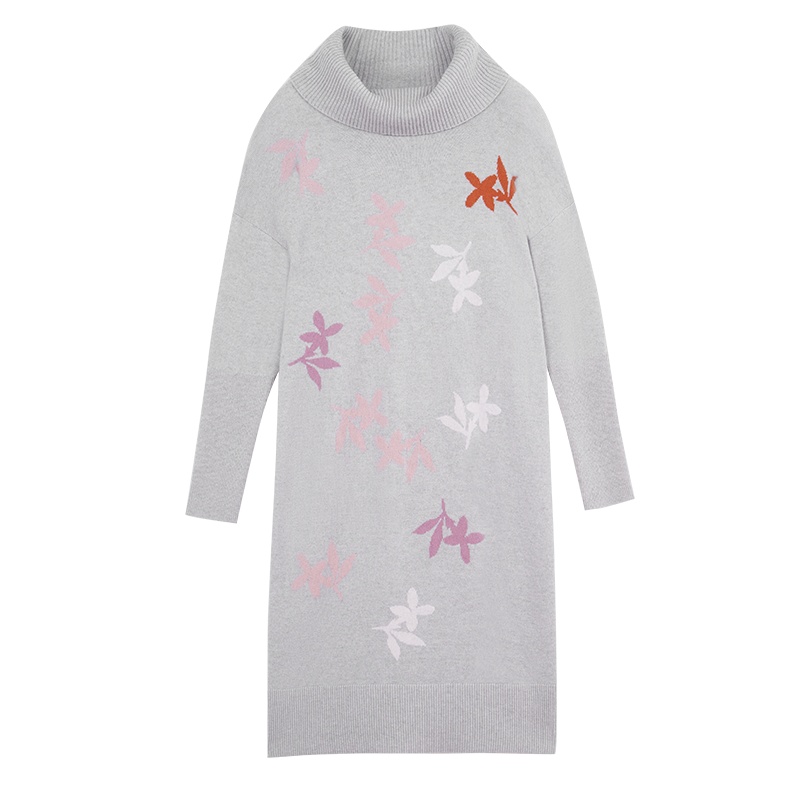 鄂尔多斯ERDOS秋冬高领落叶提花女羊绒连衣裙