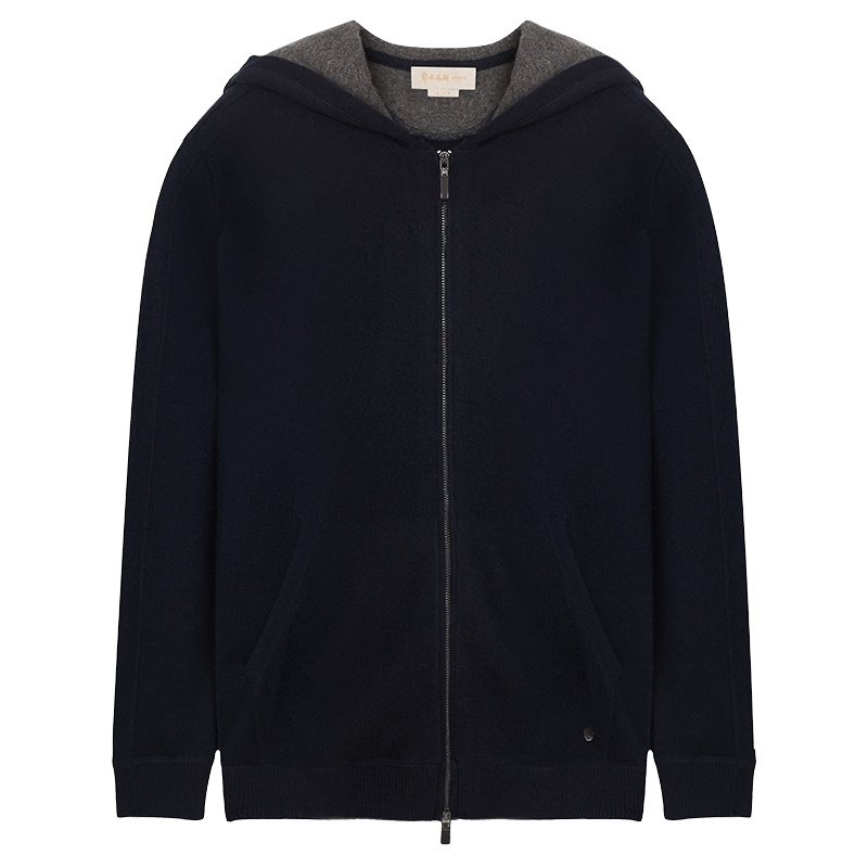 鄂尔多斯ERDOS 秋冬连帽拉链开衫纯羊绒男士针织衫