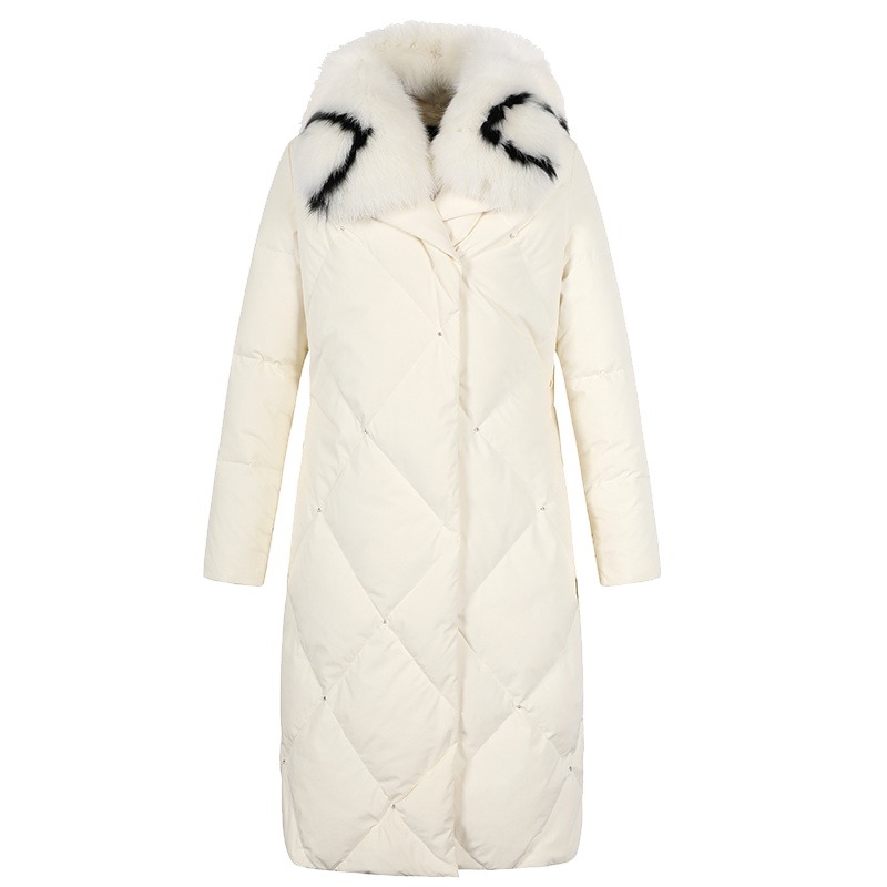 艾莱依2019秋冬新款时尚优雅撞色毛领羽绒服女中长款