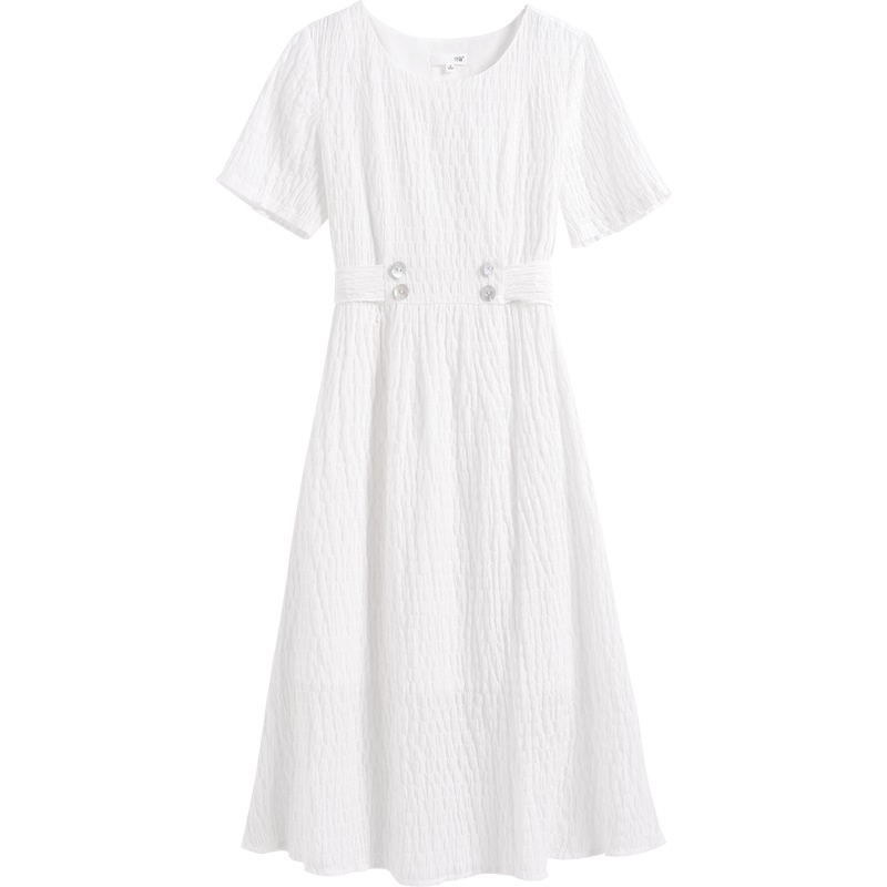 OSA欧莎白色雪纺连衣裙2019新款夏收腰显瘦复古裙子女中长款气质