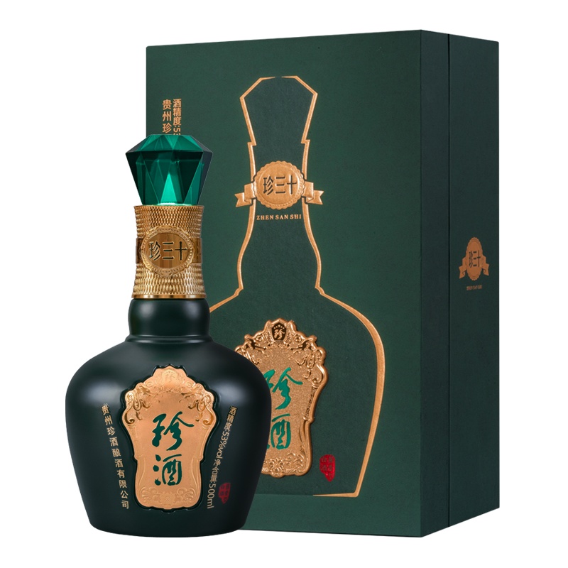 珍酒 珍三十 53度 酱香型白酒 纯粮食坤沙酒 500ml/盒 盒装