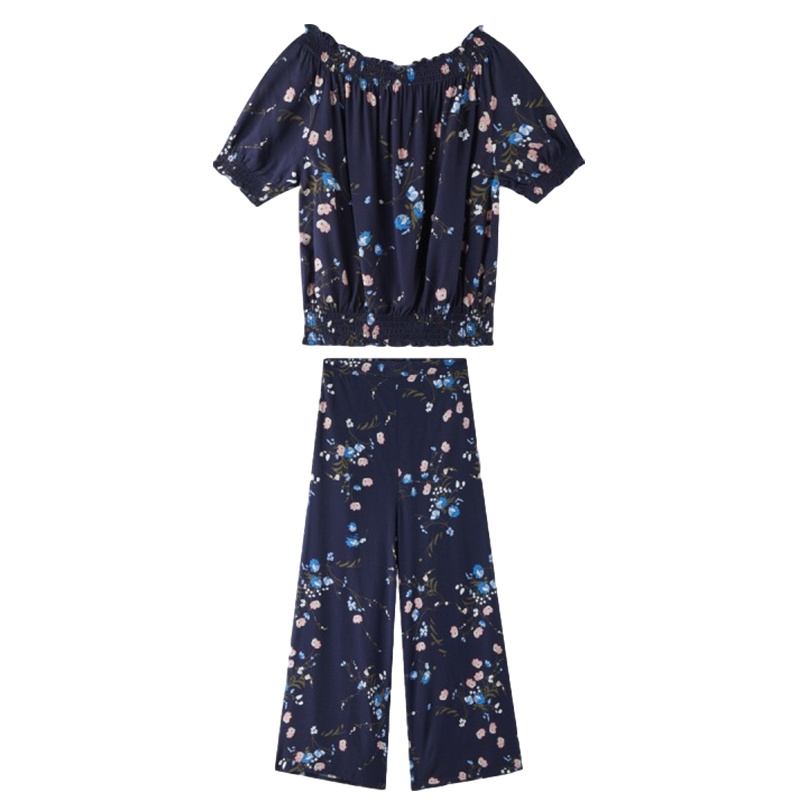 拉夏贝尔韩版一字肩碎花衬衫休闲裤套装女新款夏季时尚两件套