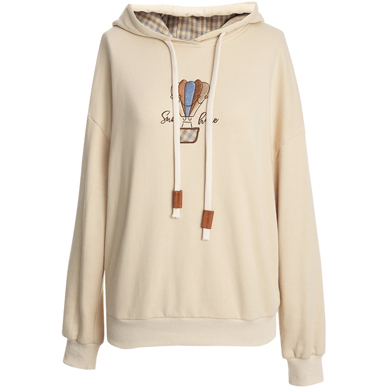 OUNIXUE欧昵雪 | [趣味减龄上衣]春时髦字母气球绣花宽松格子连帽卫衣女