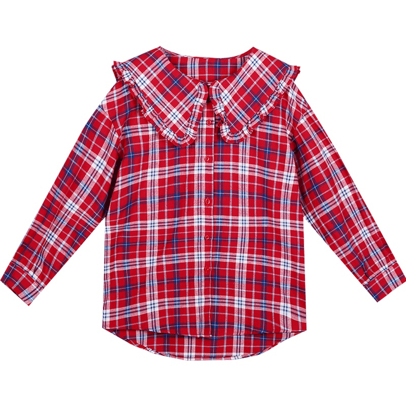 红色格子衬衫女夏装2019新款海军领长袖宽松上衣小众娃娃领衬衣夏
