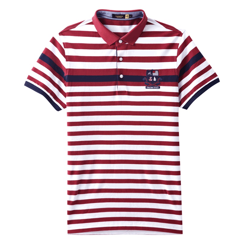 蒙蒂埃莫夏日热情红白定位条翻领短袖全棉男士T恤