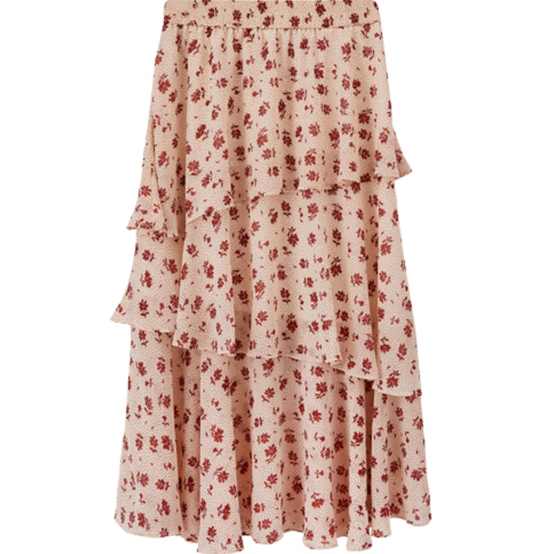 茵曼梨涡 复古文艺碎花雪纺半身裙中长裙层层蛋糕裙2019秋装新款